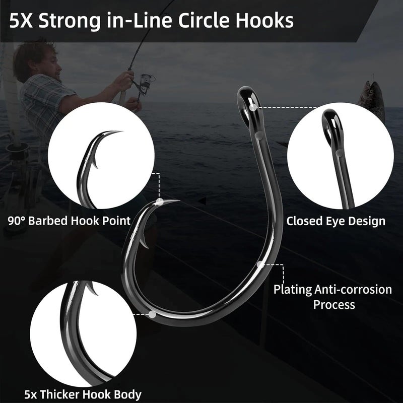 FishTrip Circle Hooks Saltwater,in-Line Fishing Hooks 5X Strong for Catfish 25pcs,Black/High Carbon Steel/Non-Offset/Closed Eye/Wide Gap for Striped Bass Salmon - Image 2